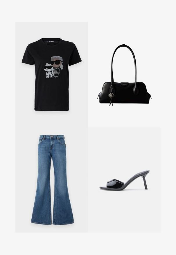 Schwarzes Baumwoll-T-Shirt mit einem Strassmotiv von einer Person und einer weißen Katze, die beide eine Sonnenbrille tragen. Runder Ausschnitt und kurze Ärmel.; Ausgestellte Jeans aus Denim in mittlerem Blauton mit klassischem Fünf-Taschen-Design, Gürtelschlaufen und Knopfverschluss. Glatte Textur mit subtilen Verfärbungen.; Schwarze Sandalen mit Absatz aus Lackleder, offenem Zehenbereich, mit geschwungenem Obermaterial und spitz zulaufendem Stilettoabsatz. Glatte, glänzende Oberfläche.; Schwarze Lederhandtasche von Calvin Klein mit langen Henkeln, einem vorderen Logo-Tag und einem silbernen geometrischen Anhänger, der an einem Henkel hängt.