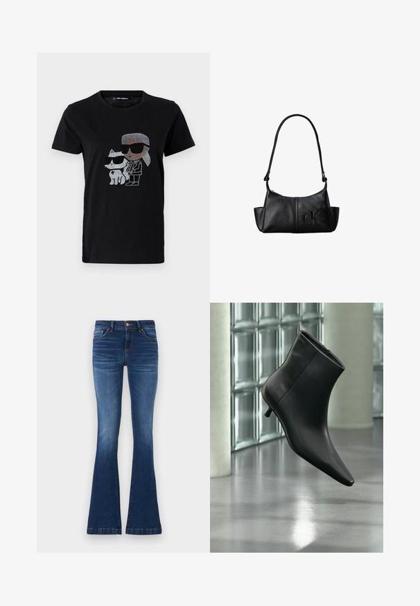 Mustmust mustshirt, mille rhinestone graafikula isikust ja valgest kassist, kummalgi prillid peas. Ümmargune kaelus ja lühikesed varrukad.; Laia sinise denimist, millel on keskmise kõrgusega vöökoht, viis taskut ja kontrastne õmblus õmbluste ääres.; Mustast nahast pahkluu saabas terava varbaotsaga ja madala Kitsuki kontsaga, kuvatud nurga alt läikiva põranda ja klaasplokkseinaga taustal.; Mustast nahast õlakott pika sangaga, küljetaskute ja esiküljele pressitud Calvin Kleini logoga.