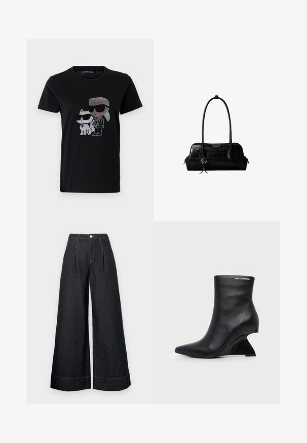 Zwarte katoenen t-shirt met een rhinestone grafiek van een persoon en een witte kat, beide met een zonnebril. Ronde halslijn en korte mouwen.; Zwarte denim broek met rechte pijpen en hoge taille, met voorplooien, een knoopsluiting en contrasterende stiksels aan de zoom.; Zwarte leren enkellaars met gebogen gesculpteerde hak en Karl Lagerfeld-logo nabij de bovenrand op een witte achtergrond.; Zwarte schoudertas van leer met krokodillenstructuur, lange banden en een klein zilveren logohanger aan één band.