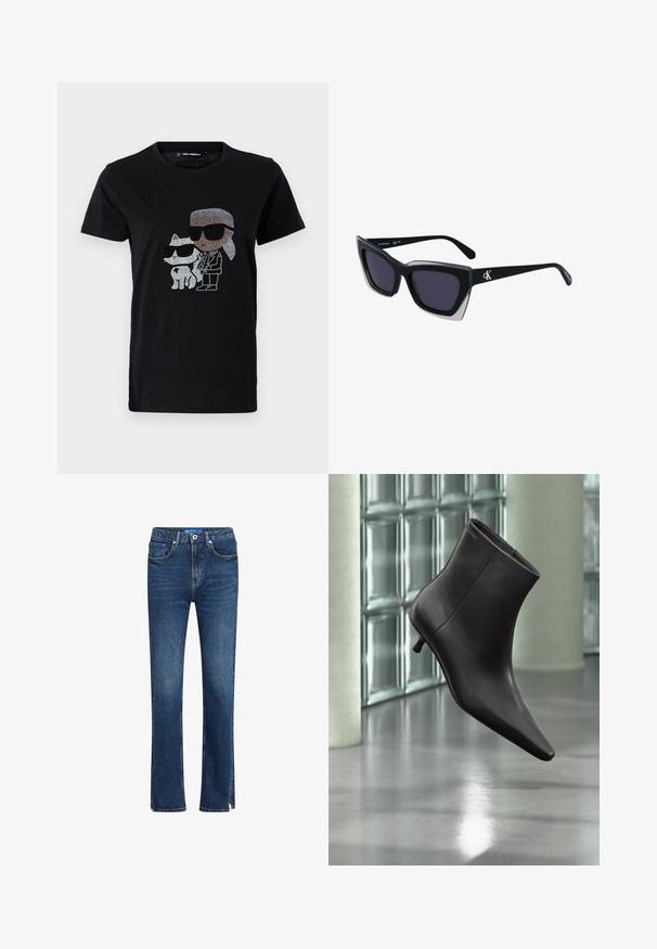 Mustmust mustshirt, mille rhinestone graafikula isikust ja valgest kassist, kummalgi prillid peas. Ümmargune kaelus ja lühikesed varrukad.; Sinine denim'ist valmistatud sirge säärega teksapüksid, viie taskuga, kontrastne õmblus ning külgtaskud hemmi detailideks.; Mustast nahast pahkluu saabas terava varbaotsaga ja väikese kontsaga, esitletud klaasplokkidest seina ja poleeritud põranda taustal.; Mustad suured mustad prillid geomeetrilise kujuga, tumedate läätsedega ja kontrastse halli detailiga raamidel. Logo käe peal.