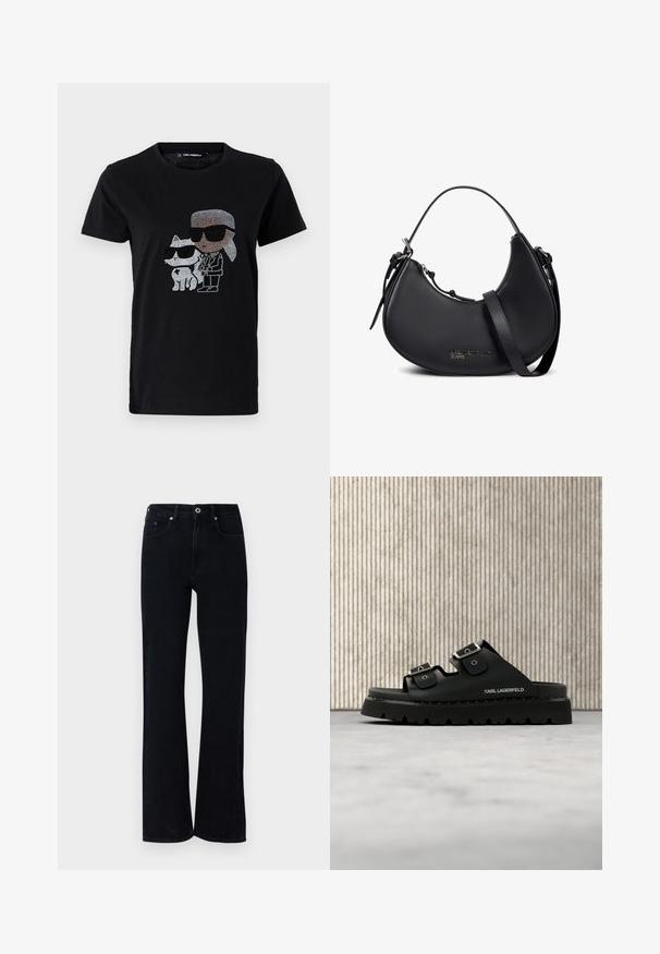 Mustmust mustshirt, mille rhinestone graafikula isikust ja valgest kassist, kummalgi prillid peas. Ümmargune kaelus ja lühikesed varrukad.; Mustad denimpüksid laieneva jala kujundusega. Omab kahte eesmist taskut, väikest sinist aktsenti ja tavalist nööbkinnitust.; Mustad libedasuss kahes hõbedases pandlaga, robustse tallaga ja "Karl Lagerfeldi" logoga küljel, paigutatud pruunist ümarast lauast lähedal beežil põrandal.; Mustast nahast poolkuu kujuline käekott kahe rihmaga, hõbedase tõmblukuga ja peene "Karl Lagerfeld Jeans" logoga ees.