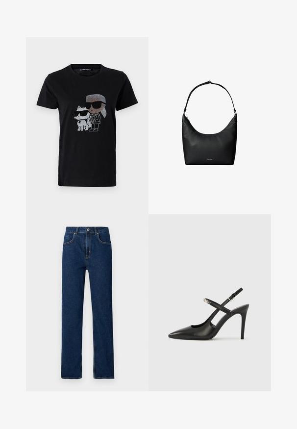 Camiseta de algodón negra con un gráfico de strass de una persona y un gato blanco, ambos usando gafas de sol. Cuello redondo y mangas cortas.; Vaqueros de denim azul oscuro con piernas rectas, diseño de cinco bolsillos, costuras visibles y cierre de botón metálico en la cintura.; Tacones altos slingback de cuero negro con punta afilada, diseño con recortes y correa ajustable con herrajes metálicos.; Bolso de hombro de cuero negro texturizado con una sola correa y un pequeño logo de Calvin Klein en el centro delantero.