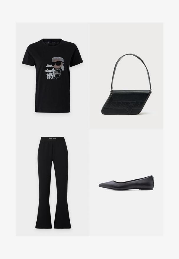 Mustmust mustshirt, mille rhinestone graafikula isikust ja valgest kassist, kummalgi prillid peas. Ümmargune kaelus ja lühikesed varrukad.; Mustad laiendatud püksid venivast materjalist, millel on elastne vöökoht "JOOP! JEANS" logoga. Sile tekstuur ja keha järgnev siluett.; Must nahkjala kinga madala kontsaga, külgvaates valge tausta ees.; Mustast nahast kolmnurkse kujuga õlakott, reljeefse logoga ja ühe reguleeritava rihmaga. Minimalistlik disain ja sile tekstuur.