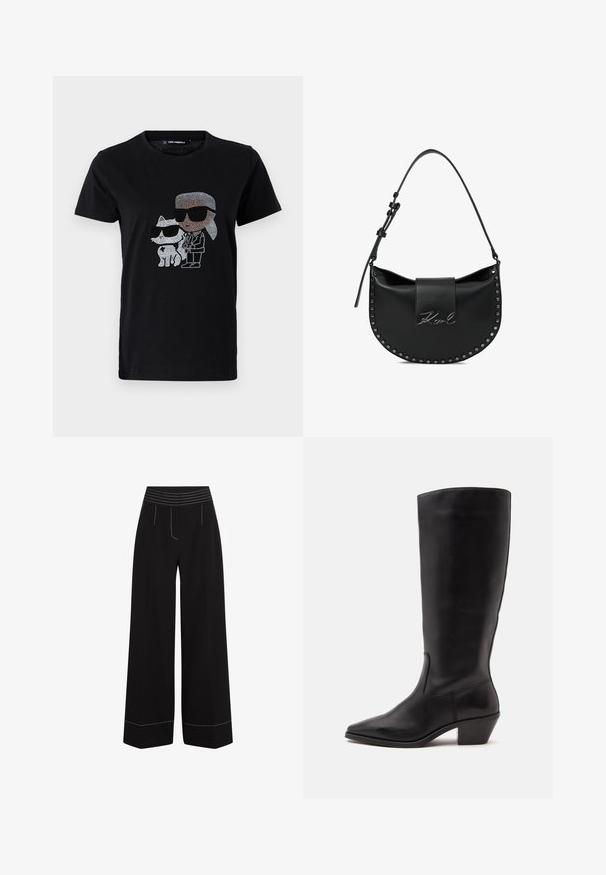 Schwarzes Baumwoll-T-Shirt mit einem Strassmotiv von einer Person und einer weißen Katze, die beide eine Sonnenbrille tragen. Runder Ausschnitt und kurze Ärmel.; Schwarze, weit geschnittene Hosen mit einem strukturierten, elastischen Bund. Verfügt über weiße Nähte entlang der Taschen und Säume. Glatte Stoffoberfläche.; Schwarzer Lederstiefel bis zur Wade mit spitzer Spitze und niedrigem schrägem Absatz vor einfachem hellem Hintergrund.; Schwarze Lederhandtasche mit einer geschwungenen Silhouette, ausgestattet mit einem Frontklappenverschluss, mit Nietenakzenten entlang der Kante und einem charakteristischen Logodetail.