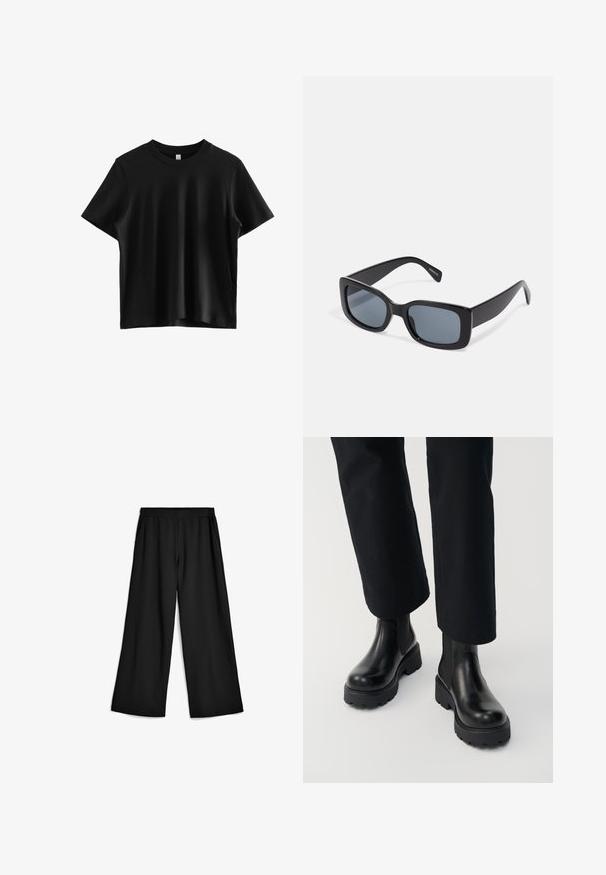 Schwarzes T-Shirt mit kurzen Ärmeln aus glattem Stoff; hat einen klassischen Rundhalsausschnitt und eine lässige Passform ohne sichtbare Logos oder Verzierungen.; Schwarze, weit geschnittene Hose aus weichem, dehnbarem Stoff. Elastischer Bund mit Taschen an den Seiten. Klare Linien und glatte Oberfläche.; Person trägt schwarze Leder-Stiefeletten mit klobiger Sohle, kombiniert mit schwarzen Straight-Leg-Hosen vor weißem Hintergrund.; Schwarze rechteckige Sonnenbrille mit dunkel getönten Gläsern, dickem Kunstrahmen und breiten Bügeln. Glatte Oberfläche und kantiges Design.