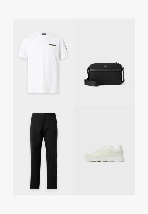 Camiseta blanca de manga corta con un pequeño parche con el logo de EA7 Emporio Armani en el pecho izquierdo y una etiqueta de la marca en el interior del cuello.; Pantalones rectos negros con cierre de botón y cremallera, pasadores para cinturón y bolsillos delanteros, exhibidos sobre un fondo blanco.; Zapatilla blanca de cuero con parte superior texturizada, punta redondeada, suela blanca plana y cordones tonales. Marca sutil en la lengüeta.; Bolso bandolera rectangular negro con bolsillo frontal con cremallera, correa ajustable y pequeño logo metálico en el centro superior.