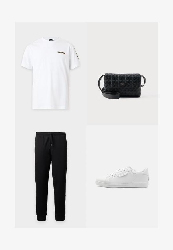 T-shirt blanc à manches courtes avec un petit patch logo EA7 Emporio Armani sur la poitrine gauche et une étiquette de marque à l'intérieur du col.; Pantalons de jogging noirs en tissu doux avec une taille élastique et un cordon de serrage. Présente des jambes fuselées avec des poignets côtelés.; Baskets en cuir blanc avec un bout arrondi, six œillets, lacets plats et un design minimaliste. Présente un petit logo sur le côté.; Sac bandoulière noir texturé avec une fermeture à rabat et un petit logo en métal sur le devant, présenté sur un fond uni.