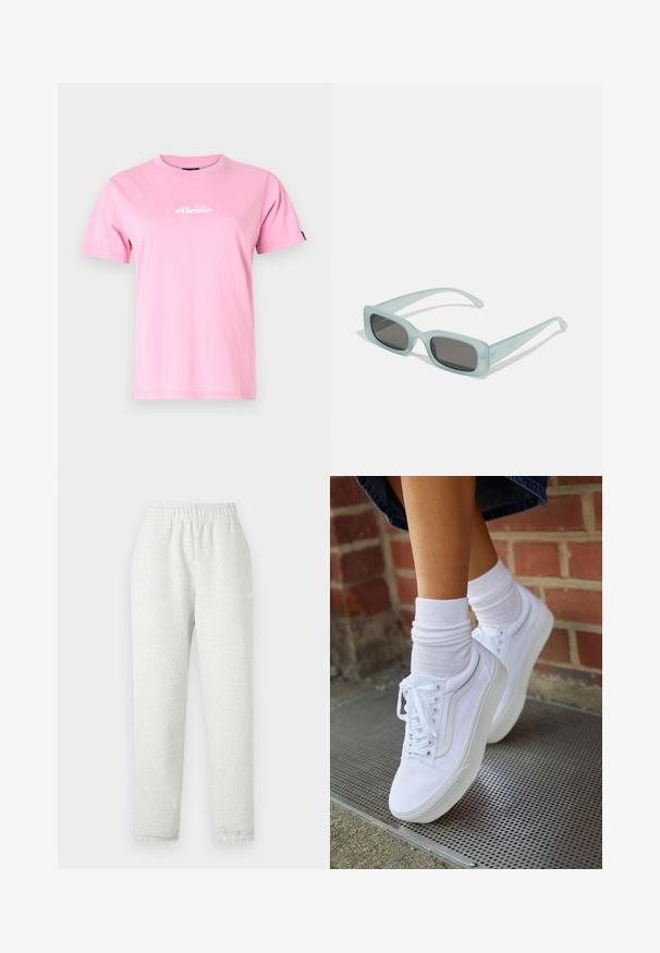 Lyserød bomulds T-shirt med rund hals, korte ærmer og et hvidt logo trykt på forsiden. Glat tekstur, afslappet pasform.; Lys grå sweatpants med elastisk talje, tapered ben og ribbede manchetter. Fremstillet af et blødt, tekstureret stof. Hvid logo detalje på siden.; Hvide lærreds sneakers med gummisåler, der har seks snørehuller, rund tå og let sømdetaljer, krydret med hvide ankelstrømper.; Et par rektangulære solbriller med lyseblå gennemsigtige stel og mørkegrå linser, der har lige templer og minimale hardware detaljer.