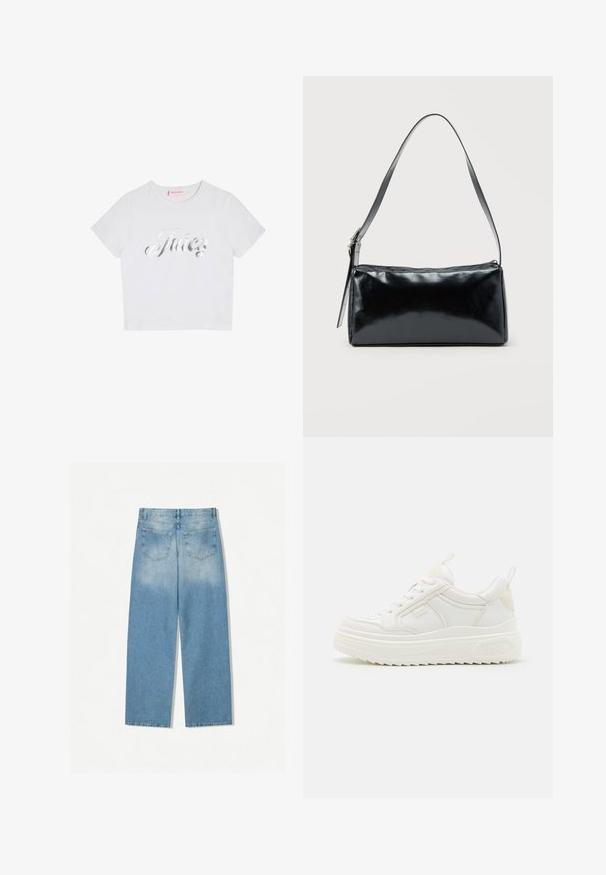 Weißes Baumwoll-T-Shirt mit kurzen Ärmeln, auf der Vorderseite mit einem glänzenden silbernen "Juicy"-Logo in Schreibschrift versehen. Einfaches und lässiges Design.; Helleblaue Denim-Jeans mit geradem Bein, ausgestattet mit zwei Gesäßtaschen und einer ausgebleichten Textur im oberen Bereich.; Weiße Leder-Sneaker mit einer klobigen Sohle, Schnürdesign und dezentem Branding. Sie verfügen über eine glatte Textur und eine abgerundete Zehenpartie.; Schwarze rechteckige Schultertasche mit einem verstellbaren Riemen und einem oberen Reißverschluss vor einfachem Hintergrund.