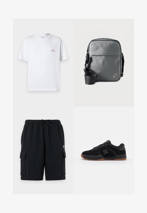 Weißes Baumwoll-T-Shirt mit kurzen Ärmeln, rundem Ausschnitt und kleinem roten Schriftzug auf der oberen linken Seite. Weiche Textur und lockere Passform.; Schwarze Baumwoll-Cargoshorts mit elastischem Bund und Kordelzug, ausgestattet mit zwei Seitentaschen und einem kleinen Logoakzent.; Schwarze Wildleder-Sneaker mit Gummisohle, ausgestattet mit einem schwarzen Logo an der Seite und schwarzen Schnürsenkeln. Runde Zehenpartie und ein niedriges Design.; Kompakte graue Crossbody-Tasche mit vorderer Reißverschlusstasche, schwarzem verstellbarem Riemen und kleinem silbernem Logo in der unteren rechten Ecke.