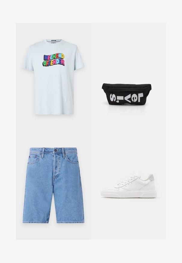 Lyseblå bomulds-t-shirt med et multicoloreret "WEEKEND OFFENDER" grafik trykt hen over brystet i fede, legende skrifttyper.; Lys blå denimshorts med et klassisk fem-lomme design, knaplukning og lige ben, prydet med en falmet tekstur og syninger som detaljer.; Hvide lædersneakers med en glat finish, rund tå, flade snørebånd og en struktureret sål. Grå ruskindsdetalje ved hælen.; Sort stoftaske med flad form, prydet med fed hvid tekst. Lynlåsen er placeret øverst, med en løkke detalje på den ene side.