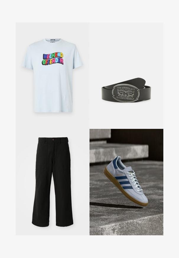 Hele sinine puuvillane t-särk, millel on rinnal julge ja lõbus multivärviline "WEEKEND OFFENDER" graafika.; Mustad laiad mustad püksid pehmest kangast, ees taskud ja nupukinnitus taljes. Minimalistlik disain ilma nähtavate mustriteta.; Helehall Adidas Spezial toss tumedasiniste triipude ja kummipõhjaga, kujutatud õhus betooniastmete kohal neutraalses välistingimustes.; Musträpp musta nahkavöö, millel on hõbedane ovaalne pandla, kaunistatud tõstetud graafika ja tekstiga, sealhulgas hobuse motiiv ja brändi nimi.
