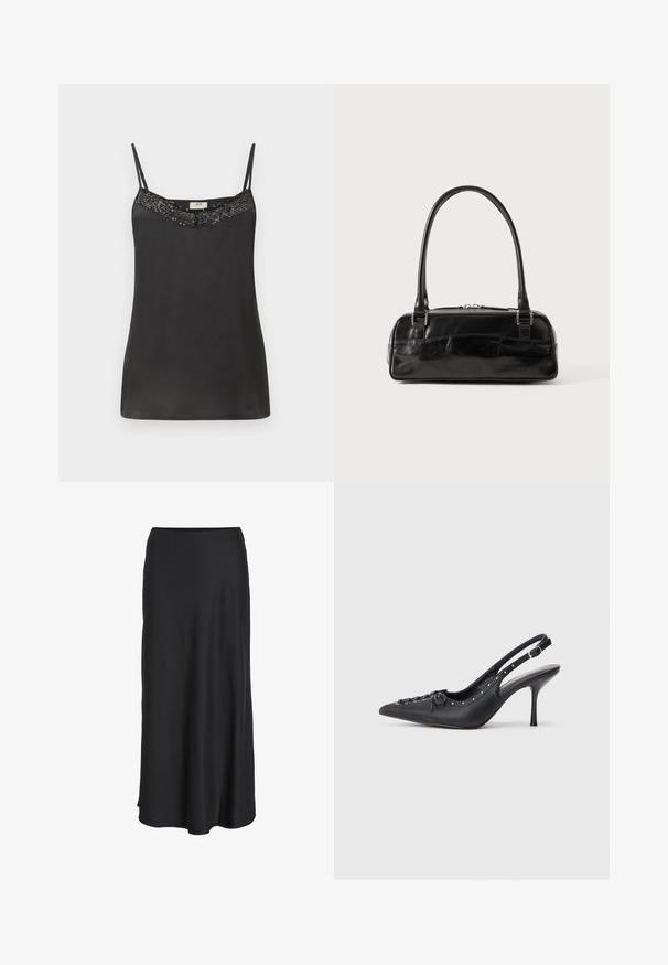 Sort satin camisole med tynde stropper, der har en perlebesat halsudskæring. Glat tekstur med en afslappet pasform, ideel til lag-på-lag eller afslappet brug.; Sort maxinederdel lavet af glat, letvægtsstof. Har en enkel A-formet silhuet med en let udvidet kant og ingen synlige lukninger.; Sorte læder slingback stiletto med spids tå, side spændebånd, nitter langs kanten og dekorativ snøring foran.; Sort læderhåndtaske med rektangulær form, der har et enkelt struktureret håndtag, sølvhardware og lynlås-lukning. Glat tekstur.