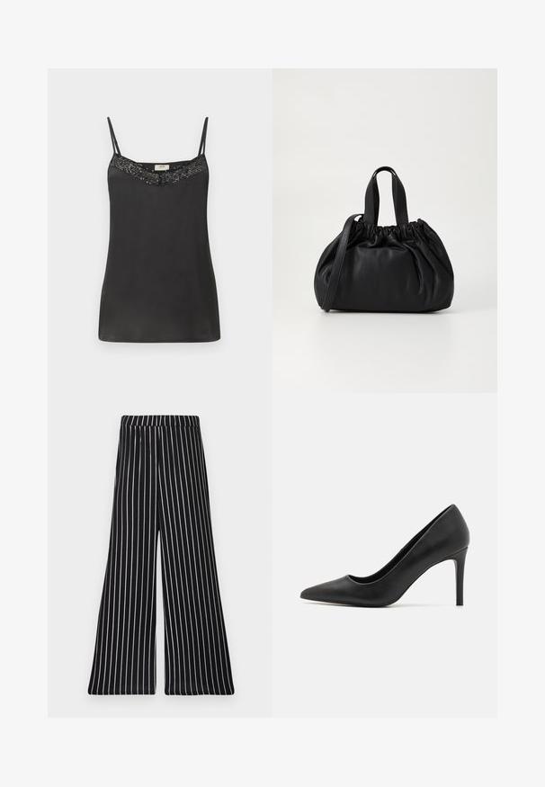 Sort satin camisole med tynde stropper, der har en perlebesat halsudskæring. Glat tekstur med en afslappet pasform, ideel til lag-på-lag eller afslappet brug.; Sort og hvid stribet bukser med bred ben og elastisk talje, der har lodrette striber i et blødt, strækbart stof.; Sorte stiletto-sko med spids tå, lavet af glat læder, med et strømlinet design og en tynd, cylindrisk hæl.; Sort læderhåndtaske med en samlet topdesign, der har to korte håndtag og en lang justerbar rem. Glat overflade, rund form.