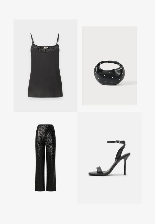 Sort satin camisole med tynde stropper, der har en perlebesat halsudskæring. Glat tekstur med en afslappet pasform, ideel til lag-på-lag eller afslappet brug.; Sorte paljetbukser med lige ben, der har en glat talje og en reflekterende tekstur, hvilket skaber en glitrende effekt.; Sort højhælet sandal med en slank ankelrem og to forreste bånd. Lavet af glat læder med en slank spids tå og stilettohæl.; Sort læderhåndtaske med en rundet form, dekoreret med sølvnitter, og et kort håndtag. Glat tekstur og lynlåslukning.