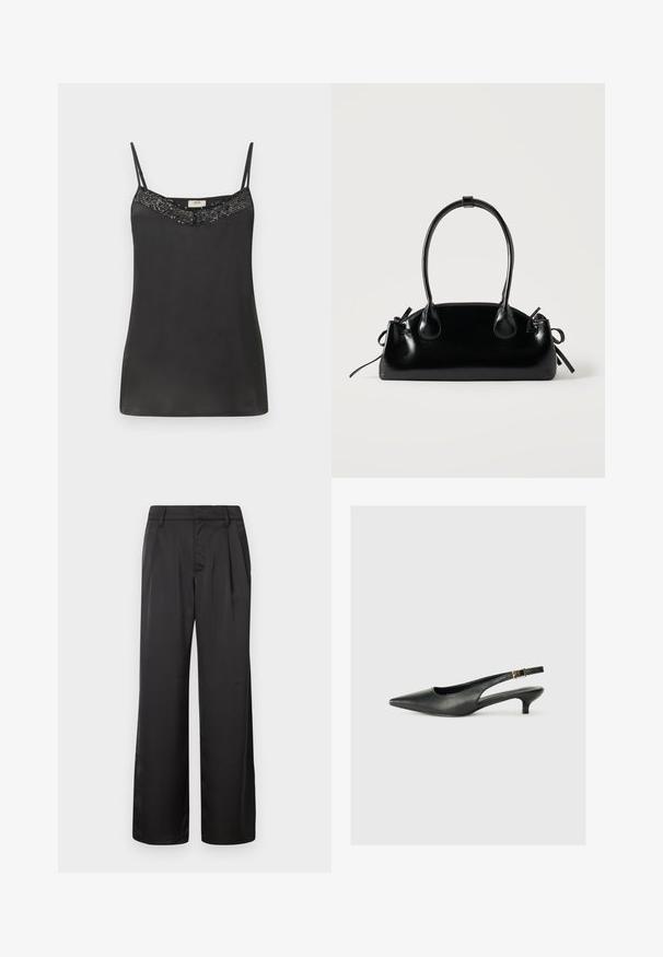Camisole en satin noir avec des bretelles fines, présentant un col perlé. Texture lisse avec une coupe décontractée, idéale pour le superposition ou un style décontracté.; Pantalon noir à jambes larges en tissu lisse, avec un devant plissé, des poches latérales et une ceinture cintrée.; Chaussure slingback noire à bout pointu en cuir lisse. Présente un talon fin et un détail de boucle sur la sangle réglable.; Petit sac à main noir brillant avec deux longues anses et des détails à cordon sur les côtés sur un fond clair uni.