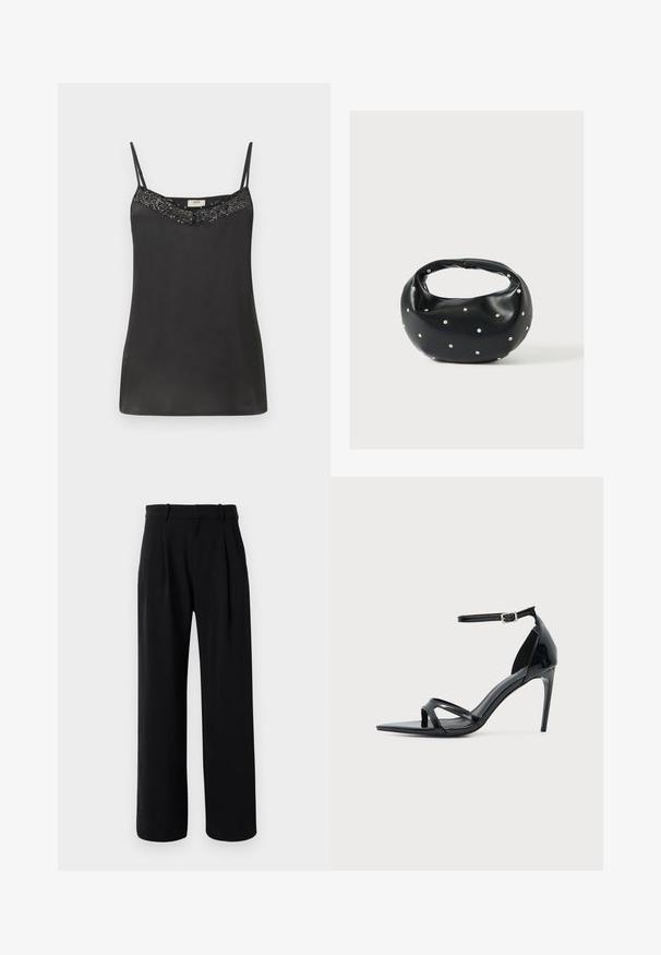 Sort satin camisole med tynde stropper, der har en perlebesat halsudskæring. Glat tekstur med en afslappet pasform, ideel til lag-på-lag eller afslappet brug.; Sorte højtaljede skræddersyede bukser med brede ben, bæltestropper og frontpliser mod en hvid baggrund.; Sort laklædersandal med høje hæle, tynd ankelrem, åben tå og minimalistisk design på en ensfarvet lys baggrund.; Sort læderhåndtaske med en rundet form, dekoreret med sølvnitter, og et kort håndtag. Glat tekstur og lynlåslukning.