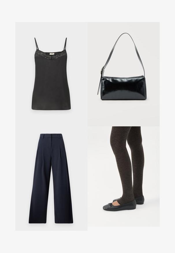 Camisole en satin noir avec des bretelles fines, présentant un col perlé. Texture lisse avec une coupe décontractée, idéale pour le superposition ou un style décontracté.; Pantalons larges navy avec une texture lisse, présentant des plis avant et une taille classique, conçu pour un ajustement décontracté.; Jambes portant des leggings côtelés foncés associés à des ballerines noires avec de petits détails en nœud sur fond blanc.; Sac d'épaule rectangulaire noir avec une sangle réglable unique et une fermeture éclair supérieure sur un fond uni.