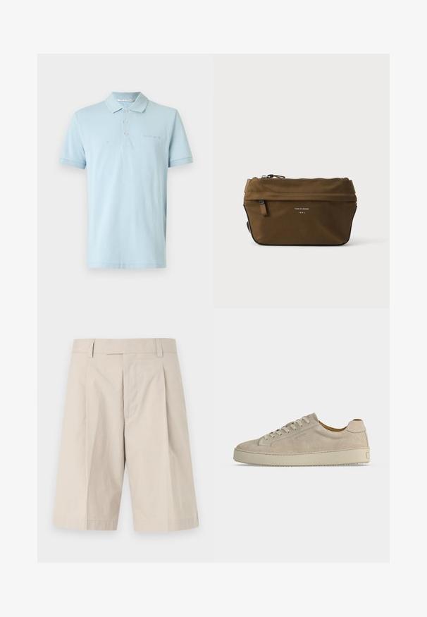 Polo bleu clair à manches courtes avec trois boutons et un petit logo "Tiger of Sweden" sur la poitrine et l'étiquette du col.; Shorts beige arrivant aux genoux avec passants pour ceinture, braguette zippée à l'avant et un pli sur chaque jambe.; Baskets basses beiges en daim avec fermeture lacée et semelle épaisse en caoutchouc, vues de profil sur fond blanc uni.; Trousse rectangulaire marron à fermeture éclair, avec petite poche avant et texte "Tiger of Sweden 1903" sur le devant.