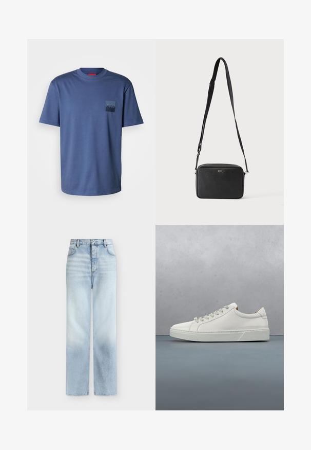 T-shirt bleu à manches courtes fabriqué en coton doux, avec une poche carrée ornée d'un logo bleu marine. Design classique à col rond.; Jeans bleu clair taille haute à jambes droites, avec poches avant, passants de ceinture et fermeture par bouton.; Baskets en cuir blanc avec un bout arrondi, design minimaliste, lacets gris et semelle en caoutchouc gris texturé. Détails de couture subtils visibles.; Sac bandoulière rectangulaire noir avec sangle réglable et logo BOSS sur le devant, sur un fond clair uni.