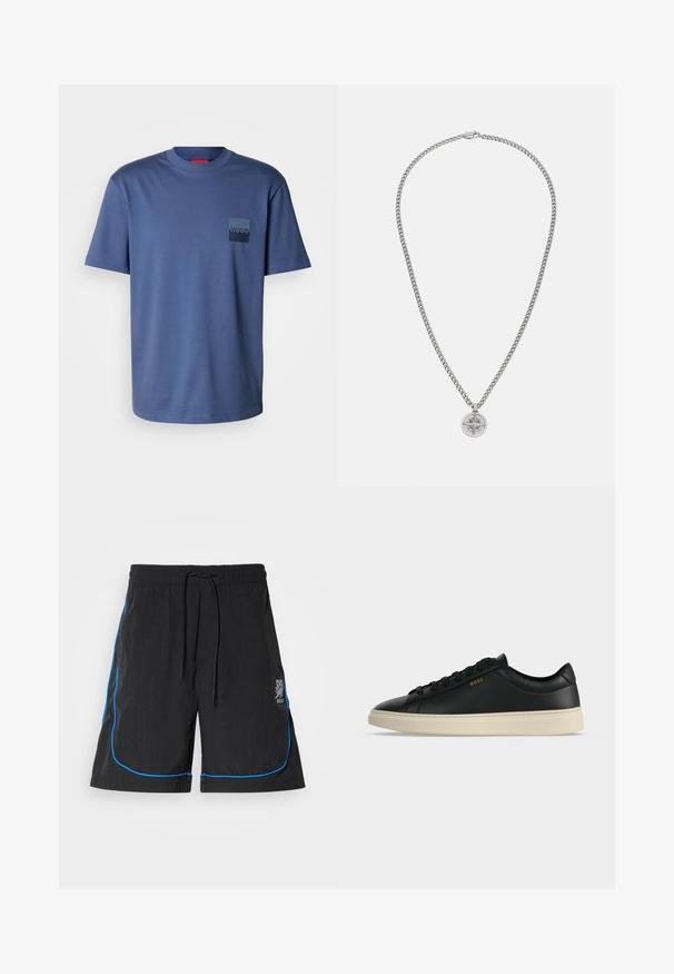 T-shirt bleu à manches courtes fabriqué en coton doux, avec une poche carrée ornée d'un logo bleu marine. Design classique à col rond.; Shorts de bain noirs avec taille à cordon de serrage, présentant un piping bleu le long des coutures et un logo sur la cuisse gauche. Tissu léger.; Baskets basses en cuir noir avec semelle blanche, lacets noirs et petit logo BOSS doré sur le côté.; Collier en chaîne argentée avec un pendentif en forme de compass circulaire, décoré d'une étoile, ayant une texture lisse et un fermoir sécurisé.