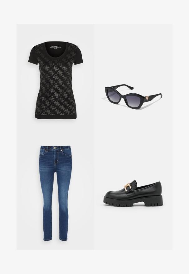 Sort T-shirt med korte ærmer og rund hals, med et gentaget sølvmønster over fronten, lavet af blødt bomuldsblandingsstof.; Mørkeblå slim-fit jeans med knap- og lynlåslukning foran, fem-lomme-design og let falmning på lår og knæ.; Sorte læder loafers med en kraftig sål og guldhardware; har rund tå og syede detaljer langs overdelen.; Guess Solbriller - shiny black