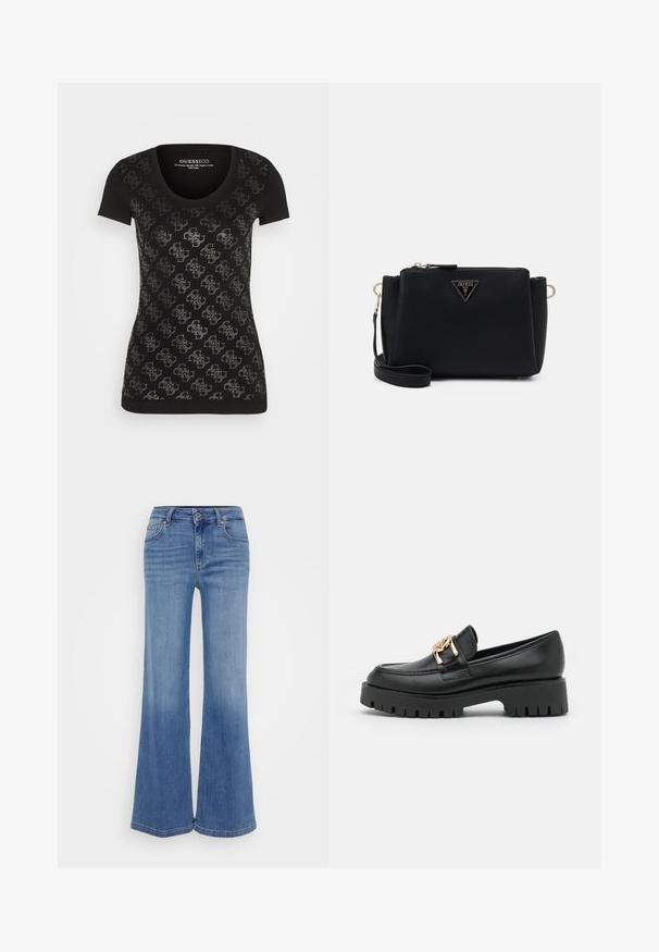 Sort T-shirt med korte ærmer og rund hals, med et gentaget sølvmønster over fronten, lavet af blødt bomuldsblandingsstof.; Vide benjeans i lyst blå denim med en falmet finish, der har lynlås, fem lommer og en diskret whiskering-detalje.; Sorte læder loafers med en kraftig sål og guldhardware; har rund tå og syede detaljer langs overdelen.; Sort syntetisk håndtaske med tekstureret overflade, guldfarvet hardware, justerbar rem, trekantet logo på fronten og sikker lynlåsning.