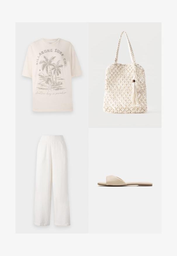 Cremefarvet bomulds T-shirt med korte ærmer, prydet med et grafisk motiv af palmer og en figur på forsiden, teksten lyder "En dag mere i paradis."; Hvide bukser med vidde i benene og en tekstureret, krøllet stof. Har et elastisk liv og sidelommer for bekvemmelighed.; Flade sandaler i blødt beige materiale, med åben tå design, glat struktur og minimalistisk form med en lysbrun sål.; Hvid vævet bomuldsnet med flettede håndtag og en hængende kvast med en træperle.