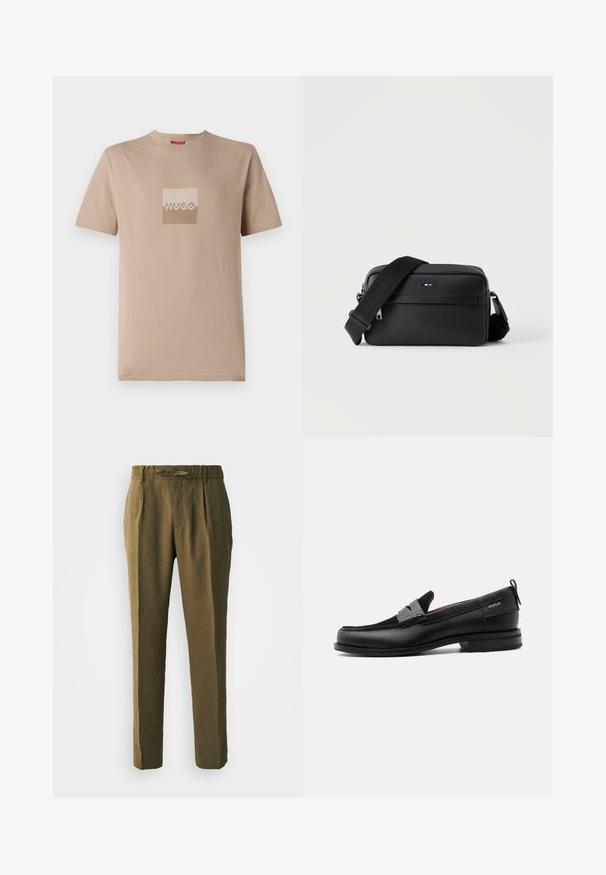 Beige T-Shirt aus Baumwolle, mit einem quadratischen Logo in Weiß und hellbraunen Farbtönen. Kurze Ärmel, Rundhalsausschnitt, normale Passform.; Olivgrüne Hosen aus weichem Material, mit einer lockeren Passform, gefalteter Vorderseite und einem elastischen Bund mit passendem Kordelzug.; Schwarzer Lederloafer mit grauem Riemendetail, niedrigem Absatz und strukturierter Sohle, seitlich mit „HUGO“ in Gold gebrandmarkt.; Schwarze, strukturierte Leder-Crossbody-Tasche mit vorderer Reißverschlusstasche und verstellbarem breitem Stoff-Schulterriemen auf weißem Hintergrund.