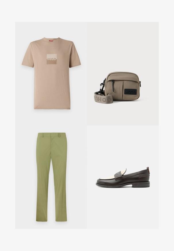 Camiseta beige hecha de algodón, con un logo cuadrado en tonos blancos y marrones claros. Mangas cortas, cuello redondo, corte estándar.; Pantalones ajustados de color verde oliva con trabillas para cinturón, cremallera frontal y perneras rectas, extendidos sobre un fondo claro.; Mocasín para hombre de cuero marrón oscuro con panel de tela crema y detalle clásico de correa cosida, suela plana y asa en el talón.; Bolso cruzado de nailon caqui con dos bolsillos frontales con cremallera, correa ajustable y un parche negro con el logo en la parte frontal. Textura suave.
