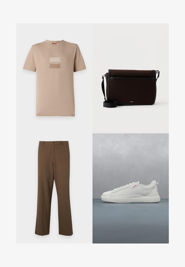 T-shirt beige en coton, avec un logo carré dans des teintes blanches et marron clair. Manches courtes, col rond, coupe standard.; Pantalons marron à jambes droites en tissu texturé, avec une fermeture à bouton et une taille standard, dotés de poches latérales et de coutures ajustées.; Sneaker blanche avec une finition en cuir lisse, bout rond, quatre œillets, perforations subtiles et un détail de logo rouge sur le côté.; Sac messager en tissu brun foncé avec une sangle noire ajustable et un petit logo argenté "BOSS" sur le rabat avant.