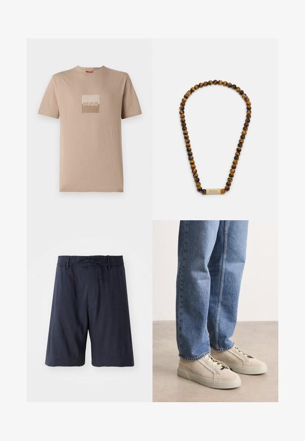 T-shirt beige en coton, avec un logo carré dans des teintes blanches et marron clair. Manches courtes, col rond, coupe standard.; Shorts bleu marine avec une taille élastique, cordon de serrage réglable, et un tissu doux au toucher. Présentent une coupe au genou et un design minimaliste.; BOSS GARYTENN_SDHDEL - Baskets basses - natural ten; Collier en perles d'œil de tigre rayé brun et noir avec un accent central en logo BOSS doré. Perles lisses et rondes avec une finition brillante.
