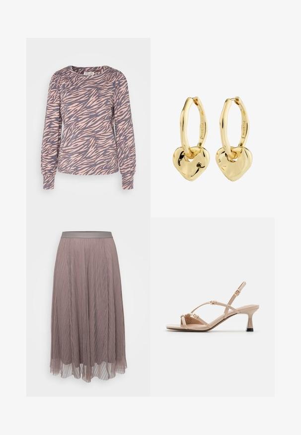 Thought NIKINI - Langærmet T-shirt - multi; Plisseret midiskørt i blød mauve med en glat satin-linning. Letvægts, flydende materiale med lodrette striber og gennemsigtige lag.; Call it Spring DIANAH - Sandaler - other beige; Øreringe i gulddetail, hver med en lille, glat hjerteformet vedhæng hængende nederst.