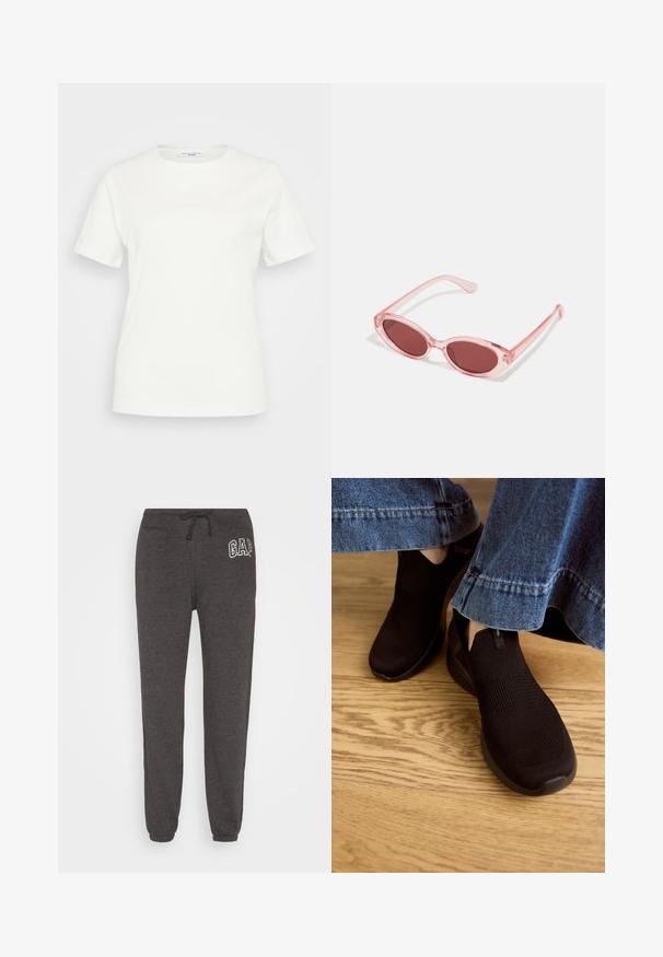 Weißes Baumwoll-T-Shirt mit rundem Halsausschnitt und kurzen Ärmeln. Auf der Vorderseite sind keine ausgeprägten Muster oder Akzente sichtbar.; GAP HERITAGE JOGGER - Jogginghose - heather charcoal; Schwarze Slipper mit einem strukturierten Strickobermaterial und elastischem Eingangsbereich. Abgerundete Zehenform und profilierte, gepolsterte Sohle, getragen mit einem Denim-Saum.; Pink transparente Sonnenbrille mit ovalen Gläsern, dunkler roter Tönung und schlanken Bügeln, ausgestattet mit einer glatten Oberfläche und dezenten Details am Rahmen.