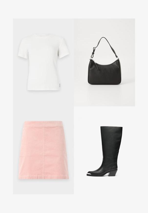 Hvid ribbet kortærmet t-shirt med rund halsudskæring. Blød tekstur, tætsiddende design og minimale syninger.; Rosa corduroy mini nederdel med en tætsiddende talje og lodret ribbet tekstur. Den har en lige kant og har et simpelt design uden udsmykning.; Høje sorte læderstøvler med lukket tå og udskåret design. Har en kraftig hæl og en glat overflade. Bemærkelsesværdig detaljering på sidepanelet.; Sort læderhåndtaske med en buet form, en enkelt rem, lynlås lukning og diskret branding på forsiden. Glat tekstur, minimalistisk design.