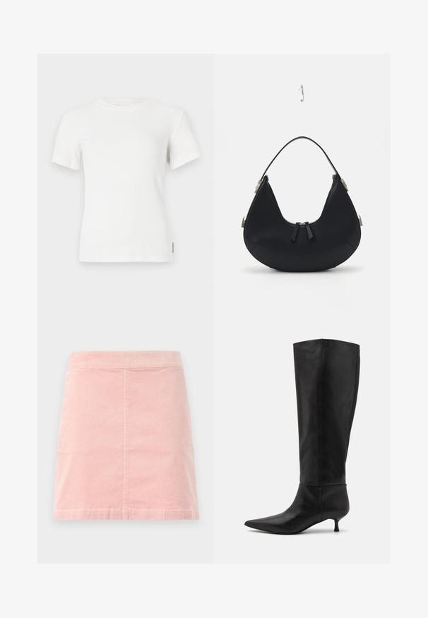 Weißes kurzärmliges T-Shirt mit geripptem Muster und rundem Ausschnitt. Weicher Stoff, taillierte Passform und minimale Nähdetails.; Rosa Cord-Ripp-Minirock mit taillierter Passform und vertikaler Rippstruktur. Der Saum ist gerade und er hat ein schlichtes Design ohne Verzierungen.; Knöchelhohe schwarze Lederstiefel mit einer spitz zulaufenden Zehenpartie und einem Kitten-Heel. Glatte Textur und minimalistisches Design ohne sichtbare Beschläge oder Akzente.; Schwarze Lederhandtasche mit geschwungener Form, Reißverschluss, zwei schwarzen Quasten und silbernen Hardware-Akzenten, einschließlich eines einzigartigen Befestigungsdetails.