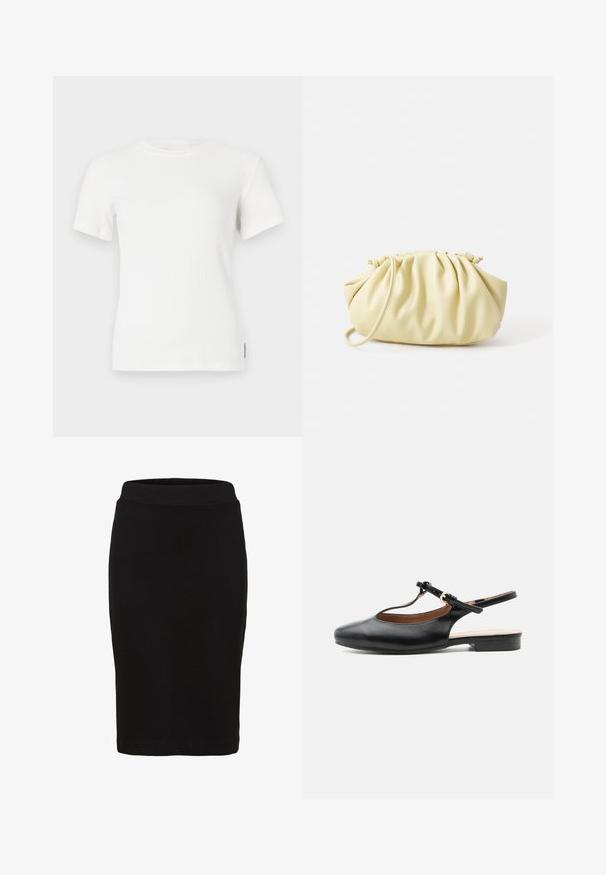 Weißes kurzärmliges T-Shirt mit geripptem Muster und rundem Ausschnitt. Weicher Stoff, taillierte Passform und minimale Nähdetails.; Schwarzer knielanger Bleistiftrock mit tailliertem Bund und glattem Stoff, vor weißem Hintergrund dargestellt.; Schwarzer flacher Lederslingback-Schuh mit T-Riemen und goldener Schnalle auf neutralem Hintergrund.; Gelbe, gefaltete Handtasche aus glattem Kunstleder mit weicher Form, einzigem Schulterriemen und gerafftem Oberteil.