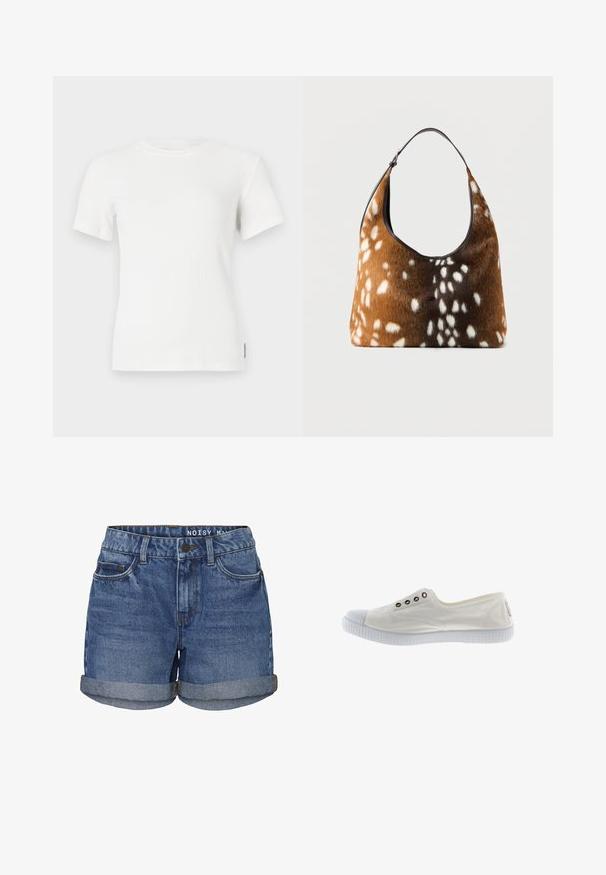 Hvid ribbet kortærmet t-shirt med rund halsudskæring. Blød tekstur, tætsiddende design og minimale syninger.; Mørkeblå denimshorts med opslået kant, fem lomme-design og knaplukning i taljen. Etiketten siger "NOISY MAY."; Hvide lavtopcanvas sneakers med gummisåler og -tåhætte, med fire metaløjer på siden, vist i højre profil.; Brun og sort håndtaske med hvid pletskindtekstur og en enkelt sort skulderrem på en ensfarvet baggrund.