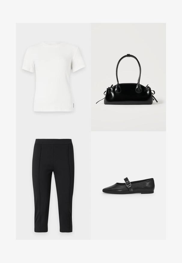 T-shirt à manches courtes côtelé blanc avec un col rond. Texture douce, design ajusté et détails de couture minimalistes.; Pantalons capri noirs en tissu extensible avec une texture lisse, présentant une taille ajustée et des détails de coutures sur le devant.; Chaussure plate en cuir noir avec un bout arrondi, une seule sangle réglable à boucle et une texture lisse et brillante. Design minimaliste avec un petit talon.; Petit sac à main noir brillant avec deux longues anses et des détails à cordon sur les côtés sur un fond clair uni.
