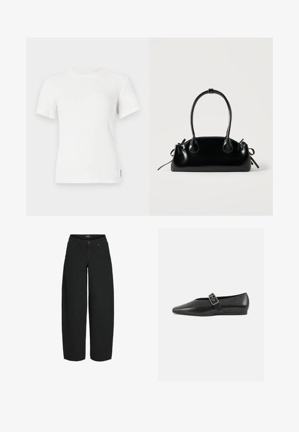 Hvid ribbet kortærmet t-shirt med rund halsudskæring. Blød tekstur, tætsiddende design og minimale syninger.; Sorte vidde-korte jeans med knap- og lynlåslukning foran, lommer foran og bagpå samt mærket bæltelabel.; Sorte læder flade sko med spidse tæer, prydet med en metallisk spænde over vristen og en lav, fleksibel sål.; Lille sort blank håndtaske med to lange håndtag og snøre-detaljer i siden på en ensfarvet lys baggrund.