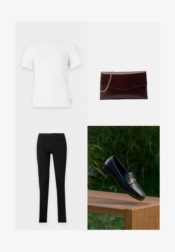 Hvid ribbet kortærmet t-shirt med rund halsudskæring. Blød tekstur, tætsiddende design og minimale syninger.; Sorte denim skinny jeans med lav talje, forlommer og knaplukning. Har en glat tekstur og minimalistisk design.; Sort lædersko med guldfarvet detalje, der svæver over en træbænk, med grønne blade i baggrunden.; Læder clutch i mørk burgundy med en kuvertdesign. Har en guldkædebærer, glat overflade og en spids flaplukning.