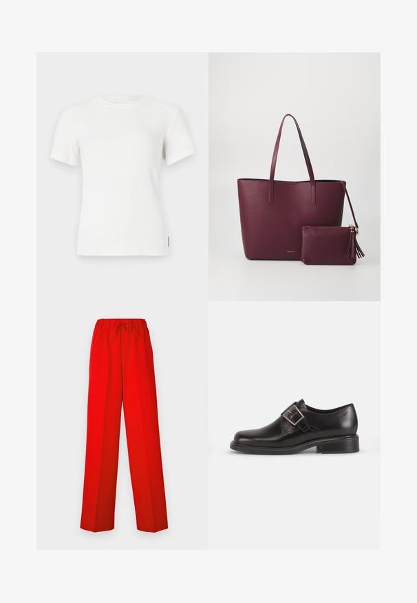 Weißes kurzärmliges T-Shirt mit geripptem Muster und rundem Ausschnitt. Weicher Stoff, taillierte Passform und minimale Nähdetails.; Rote Hose mit weitem Beinabschluss, aus glattem Stoff hergestellt. Verfügt über einen elastischen Bund und ein Kordelzug-Detail für eine verstellbare Passform.; Schwarze Leder-Dressschuhe mit abgerundeter Zehenform, seitlichem Gürtelverschluss und strukturierter Sohle, vor einem schlichten weißen Hintergrund.; Burgunderfarbene vegan-lederne Tragetasche mit zwei stabilen Griffen, ausgestattet mit einem passenden Reißverschlussbeutel mit Quastenakzent. Glatte, strukturierte Oberfläche.