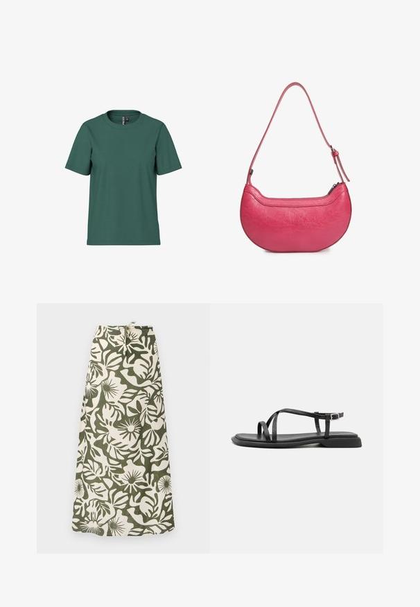 Kortærmet t-shirt i mørkegrøn bomuld med rund hals. Enkelt, udekoreret design og afslappet pasform. Blød tekstur, ingen mønstre.; Lang nederdel lavet af stof med et grønt og cremefarvet blomstermønster, med snoretræk i taljen og en blød, tekstureret finish.; Sorte flade sandaler med tynde justerbare stropper, rektangulær tåpost og en struktureret mat finish. Har en lav, let firkantet hæl.; Lyserød læderhandbag med en buet form, en enkelt justerbar skulderrem og en top-lynlås. Tekstureret overflade med synlige folder.