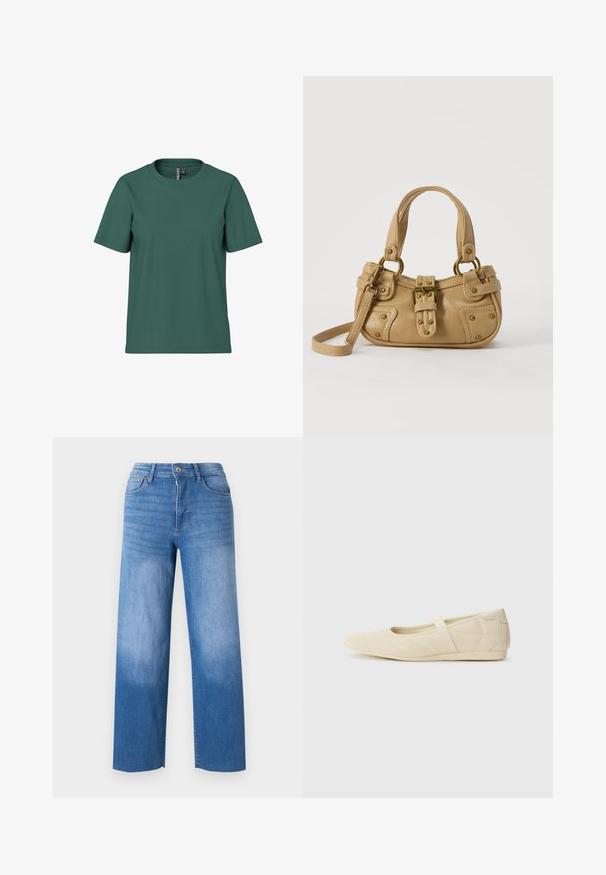 Camiseta de manga corta en algodón verde oscuro con cuello redondo. Diseño simple y sin adornos con un corte relajado. Textura suave, sin patrones.; Jeans de denim azul claro con corte de pierna ancha, que cuentan con cinco bolsillos, cremallera y un ligero desgaste en los muslos. Bordes con acabado limpio.; Bailarinas beige con un exterior de cuero liso, punta en forma de almendra y una correa elástica en el empeine, con detalles de costura sutiles.; Bolso de cuero beige con doble asa, hebilla y remaches de latón, y una correa de hombro ajustable sobre un fondo blanco.