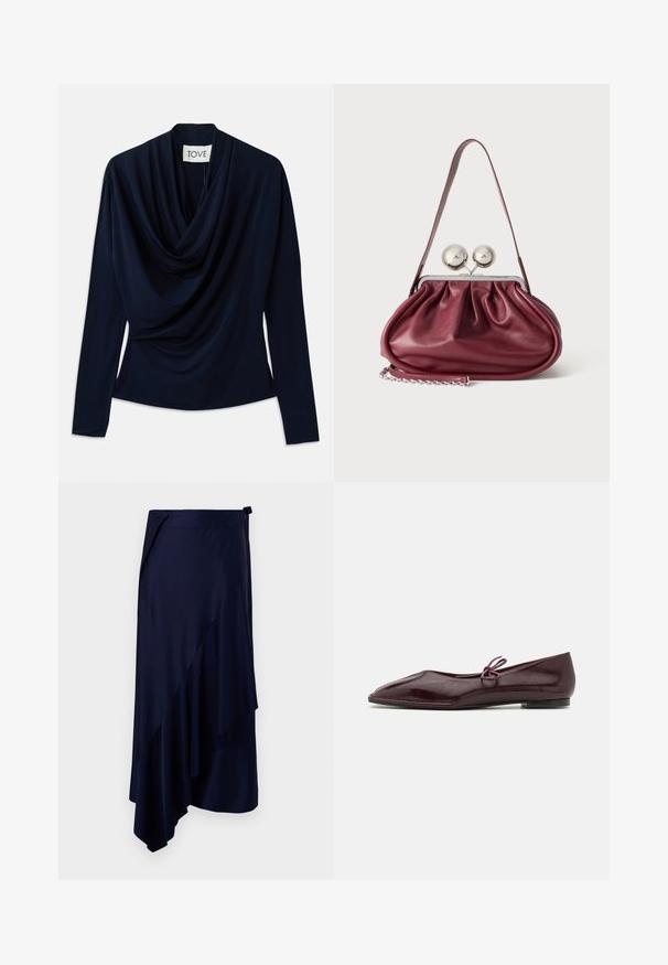 Marineblaue Langarmbluse mit drapierter Ausschnittlinie, gefertigt aus weichem Stoff. Verfügt über eine figurbetonte Silhouette und ein minimalistisches Design. Markenlabel sichtbar.; Rabanne Bleistiftrock - deep navy; Ballerinas aus bordeauxrotem Lackleder mit einer spitzen Zehenform und einem dekorativen lila Bogen auf dem Blatt; flaches Sohlen-Design.; Kleine burgunderrote Lederhandtasche mit gerafften Details, einem dünnen Riemen und einem silbernen Verschluss mit zwei großen runden Knöpfen.