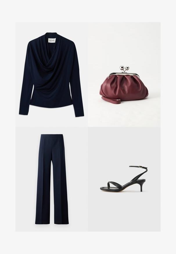 Haut à manches longues bleu marine avec un col drapé, fabriqué en tissu doux. Présente une silhouette ajustée et un design minimaliste. Étiquette de marque visible.; Pantalons à jambes larges en tissu bleu marine foncé, dotés d'une texture lisse, de plis avant discrets et d'une taille ajustée pour une silhouette épurée.; Sandale pour femme en cuir noir avec fines lanières, une boucle d'orteil, une boucle à la cheville et un talon aiguille de hauteur moyenne sur un fond neutre.; Petit sac pochette en cuir bordeaux avec fermoir métallique argenté et bracelet sur fond blanc.