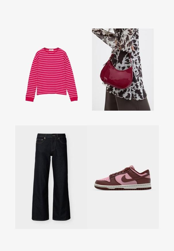 Langärmliges Hemd mit horizontalen rosa- und weißen Streifen und rundem Ausschnitt, auf weißem Hintergrund dargestellt.; Dunkelblaue Jeans mit weitem Bein, vorne mit Knopf, Reißverschluss und Fünf-Taschen-Stil auf hellem einfarbigem Hintergrund.; Nike Dunk Sneakers mit einem pinken und braunen Lederdesign, niedriger Form, einer strukturierten Sohle und passenden Schnürsenkeln.; Frau trägt eine schwarz-weiß gemusterte Bluse und hält eine glänzende rote Schultertasche vor einem einfarbigen Hintergrund.