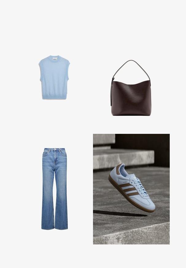 Lichtblauwe mouwloze gebreide trui met een ronde hals. Heeft een fijne textuur en een geribbelde zoom, wat zorgt voor een casual en ontspannen silhouet.; Hooggewade, uitlopende blauwe spijkerbroek met een klassieke denimstructuur, voorzien van vijf zakken en een ritssluiting. Minimalistisch ontwerp en stikdetails.; Lichtblauwe sneaker met bruine suède accenten, voorzien van drie zijstrepen, platte veters en een getextureerde gumzool. Merkembleem op de tong.; Donkerbruine leren handtas met een enkele gebogen bovenkant handvat en een glad, onversierd oppervlak tegen een witte achtergrond.