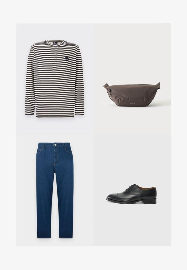 Chemise à manches longues à rayures horizontales noires et blanches, avec un col rond, une patte de boutonnage partielle et un blason brodé sur le côté gauche de la poitrine.; Jean droit en denim bleu foncé avec bouton et fermeture éclair à l'avant, design à cinq poches et coutures visibles à la taille et sur les poches.; Chaussure habillée en cuir noir avec une finition lisse, bout arrondi, cinq œillets pour les lacets et un petit talon carré. Design minimaliste avec des coutures discrètes.; Sac banane en tissu marron foncé avec poche zippée en diagonale et petit logo blanc sur le devant, sur un fond clair uni.