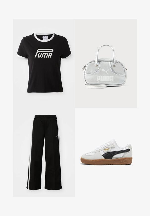 T-shirt en coton noir avec un bord blanc au col et aux manches. Présente un grand logo Puma blanc à l'avant. Design à coupe classique.; Pantalons larges noirs avec une taille élastique, des rayures blanches verticales, des poches latérales zippées et un petit logo sur la cuisse.; Baskets en cuir blanc avec une bande en daim noir, semelle en caoutchouc gomme et logo doré sur le côté. Design à lacets avec un embout arrondi.; Petit sac à main Puma argent métallisé avec deux poignées supérieures, une longue bandoulière, logo sur le devant et fermeture zippée sur fond uni clair.